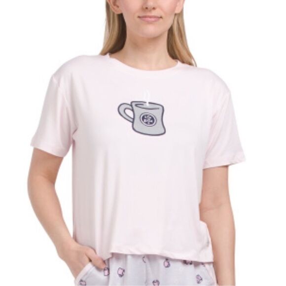 Life is Good Light Pink Navy Coffee Cup Graphic Short Sleeve Top & Shorts PJ Set - Picture 3 of 15